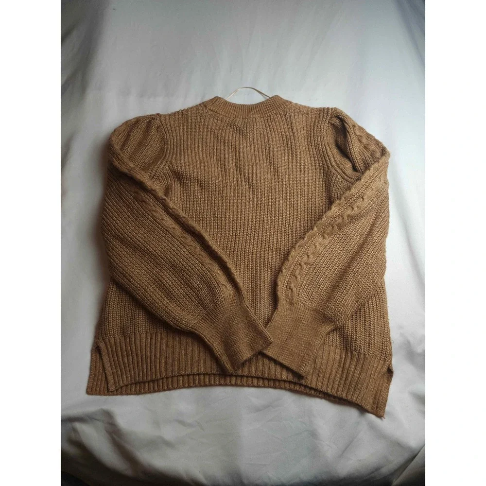Crown & Ivy Womens XXL Brown Cable Knit Puff Sleeve Crew Neck Sweater Pullover